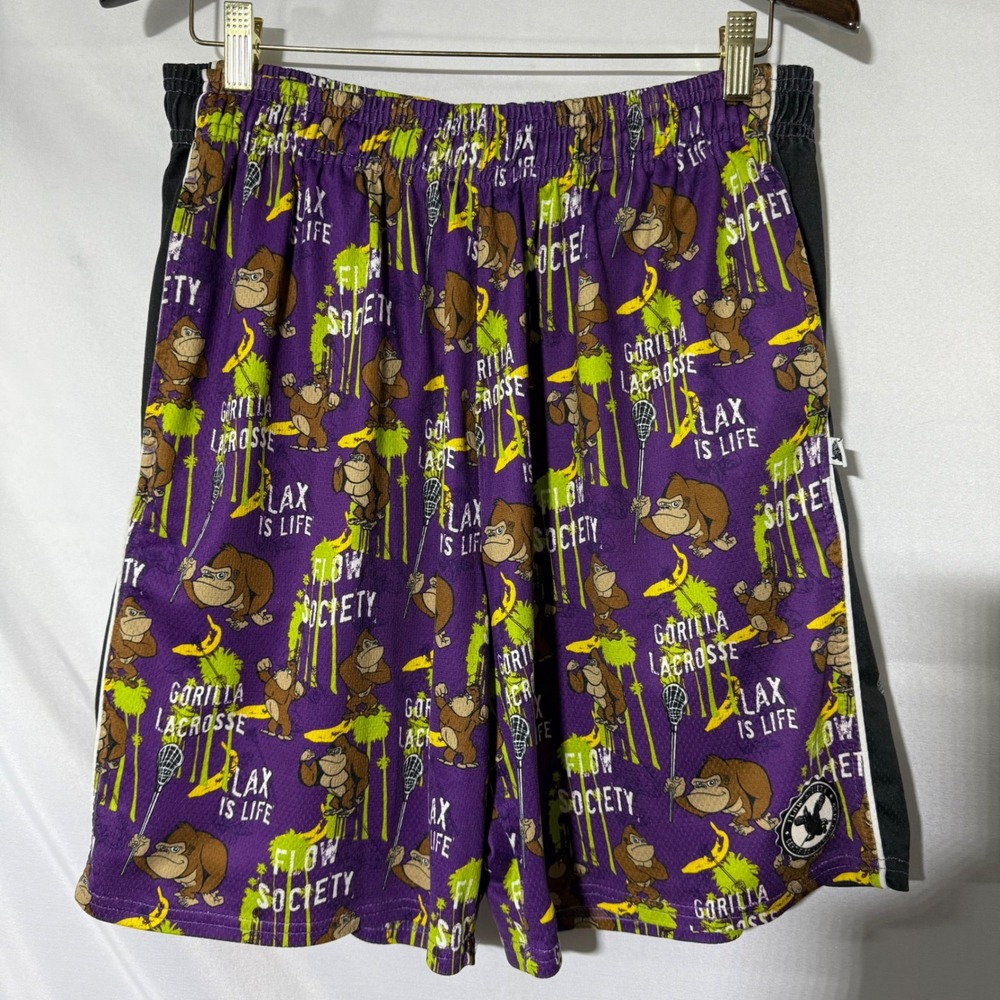 MENS Flow Society Lacrosse Shorts Gorilla Athletic Purple LARGE‎ "Lax is Life"